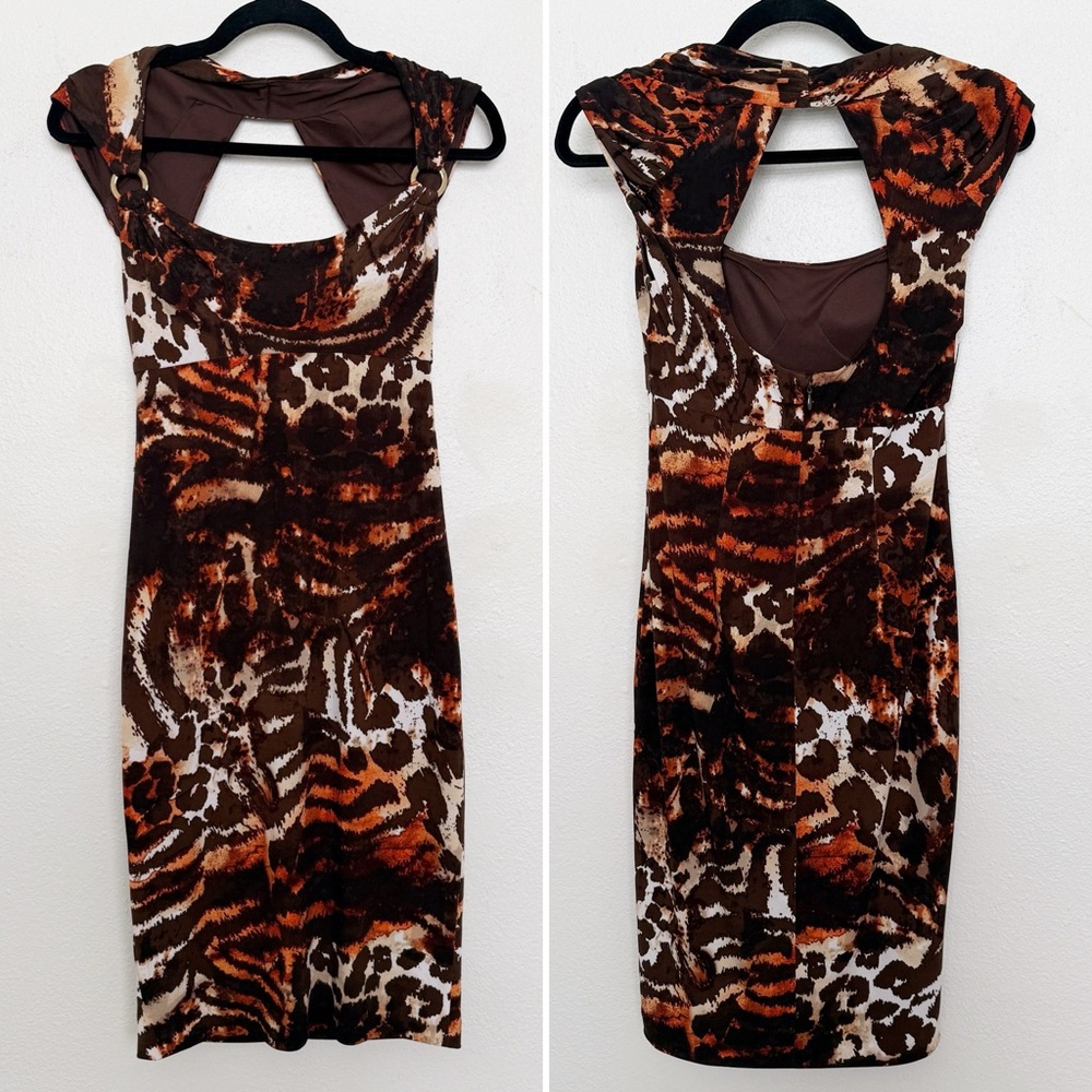 Vintage Y2K Leopard Animal Print Cache Stretch Midi Dress Mob Wife